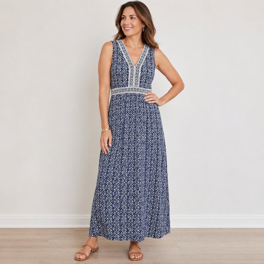 Talbots Maxi Dress Womens L Blue White Medallion V-Neck Sleeveless Empire Waist